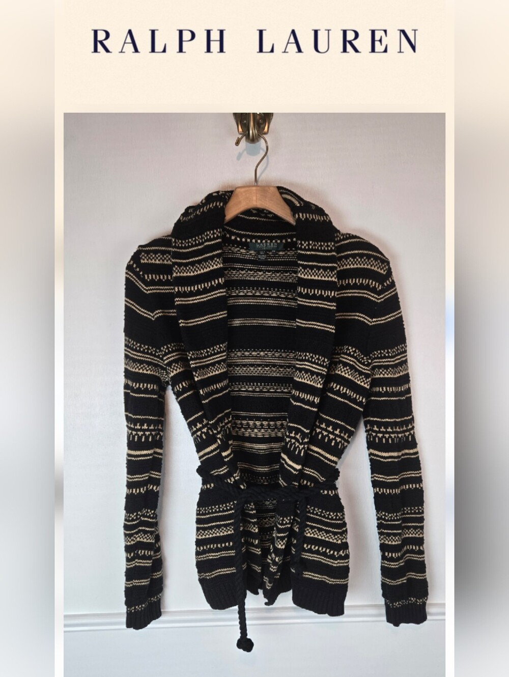 Ralph Lauren Linen Cotton Black Cream Striped Nordic Cardigan Petite Medium